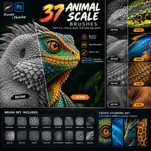 Pode incluir: Um conjunto de produtos digitais com 37 pincéis de escamas de animais para Procreate e Photoshop. A imagem mostra uma cabeça de lagarto dividida entre tons de cinza e cor, com exemplos de antes e depois de texturas de pele e répteis.