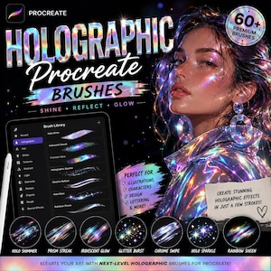 May include: A digital art brush set for Procreate featuring 60+ holographic brushes. The display shows a tablet interface with a brush library, various stroke samples like Holo Shimmer and Prism Streak, and a portrait with iridescent effects.