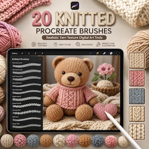 May include: A digital tablet screen displays a menu of 20 knitted Procreate brushes with a brown teddy bear wearing a pink sweater and a pink heart. The text reads 20 KNITTED PROCREATE BRUSHES and Realistic Yarn Texture Digital Art Tools.