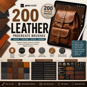 May include: A digital product set featuring 200 leather Procreate brushes, including stitch, seam, and grain patterns. The image displays a brown leather backpack, various leather swatches, and a tablet with a stylus, showcasing digital art tools.