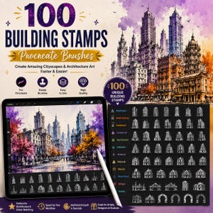 Puede incluir: Un conjunto de productos digitales con 100 sellos de edificios para pinceles Procreate. La imagen muestra una ilustración de paisaje urbano estilo acuarela, una pantalla de tableta con vistas previas y una cuadrícula de iconos.