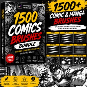May include: A digital product box for a Procreate brush set titled 1500 Comics Brushes Bundle. The design features black and white manga-style illustrations, bold yellow and red text, and a grid displaying brush types like inking, sketching, and shading.