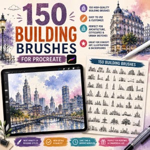 Puede incluir: Un conjunto digital de 150 pinceles de construcción para Procreate, que incluye una tableta con un paisaje urbano en acuarela y una hoja de referencia con varios bocetos arquitectónicos, edificios, torres y puentes en blanco y negro.