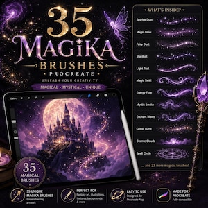 Op de afbeelding: Een digitale set van 35 Magika-penselen voor Procreate met een tablet waarop een paars kasteel onder een grote maan wordt weergegeven. De interface bevat penseeltypes zoals Sparkle Dust, Magic Glow, Fairy Dust, Stardust, Light Trail, Magic Swirl, Energy Flow, Mystic Smoke, Enchant Waves, Glitter Burst, Cosmic Clouds en Spell Circle.