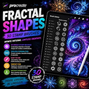 Può includere: Una pubblicità di prodotto digitale per Procreate Fractal Shapes con 30 pennelli timbro. L'immagine mostra lo schermo di un tablet con un menu della libreria di pennelli con icone frattali bianche e un motivo a spirale viola e blu.