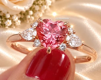 2CT Heart Cut Pink Moissanite Diamond Engagement Ring,Art Deco Flanking Pear And Round Diamond Accents,Unique Three Stone Cluster Ring