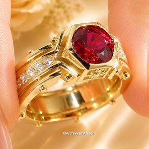 2CT Round Cut Red Ruby Moissanite Diamond Engagement Man Band,Vintage Multi Row Coctail Ring,Hexagon Signet Style Pave Set interlocking Band