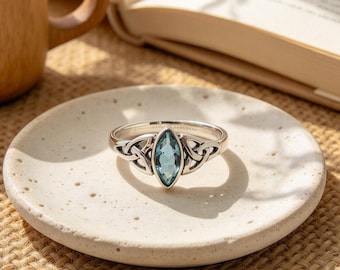 Vintage-Ring aus Sterlingsilber, Aquamarin im Marquise-Schliff, keltisches Design, Größe 9