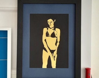 866 : Screenprint - Bikini Girl Assassin - Gold Leaf on Cobalt Blue