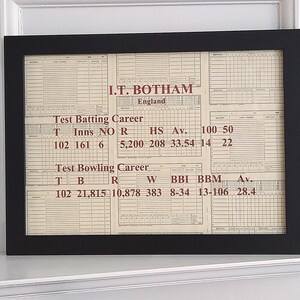 Op de afbeelding: Een ingelijste print met cricketstatistieken voor I.T. Botham, Engeland. De zwart omlijste print toont batting- en bowlingcarrièregegevens, inclusief runs, gemiddelden en wickets. De achtergrond is een vintage papierkleur.
