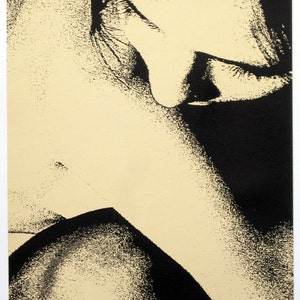 Puede incluir: Obra de arte abstracta en blanco y negro. La imagen presenta un primer plano de un rostro, con la nariz y la boca en negro sobre un fondo crema. La obra es una impresión.