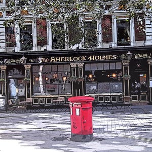 Könnte beinhalten: Außenansicht des Pubs The Sherlock Holmes in London, mit einem roten Briefkasten im Vordergrund. Das Pub hat eine dunkle Fassade mit goldenen Buchstaben. Das Gebäude ist aus Backstein und hat mehrere Fenster.