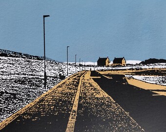 994: Paseo invernal de Prestwick con cabañas en las salinas y nieve (cielo azul)