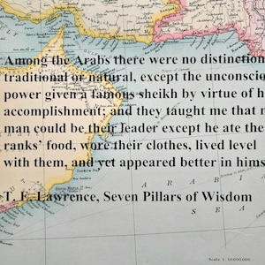 975 : Arabia - La famosa cita de T. E. Lawrence (Lawrence de Arabia) que define las cualidades del liderazgo - impresa en un mapa antiguo
