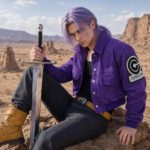 May include: A person with light purple hair wearing a cropped purple denim jacket with a Capsule Corp patch on the sleeve, a black tank top, and black pants. They are holding a long metal sword with a black handle and wearing tan leather boots.