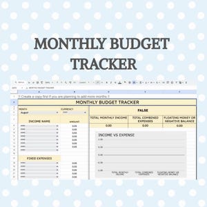 May include: A digital monthly budget tracker spreadsheet template featuring a light blue background with white polka dots. The interface includes sections for income, fixed expenses, total monthly income, combined expenses, and a balance chart.