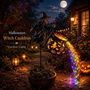 May include: A black witch figurine on a stake holding a dark cauldron with cut-out patterns of bats, moons, and witches. A cascade of multi-colored LED fairy lights flows from the cauldron. Text reads: Halloween Witch Cauldron Garden Light.