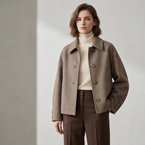 Puede incluir: Una chaqueta de mezcla de lana color topo con cuello en punta, mangas largas y cuatro botones grandes en la parte delantera. La chaqueta se lleva sobre un suéter de cuello alto color crema y se combina con pantalones de color marrón oscuro.