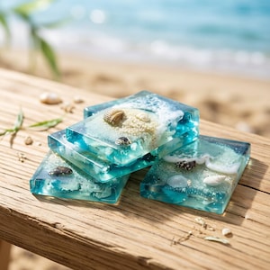 Puede incluir: Tres posavasos rectangulares de resina azul transparente, cada uno con una escena de playa realista con arena blanca incrustada, pequeñas conchas marinas y texturas de espuma blanca que imitan las olas del mar.