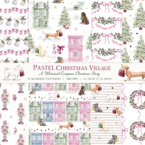 パステルカラーのクリスマスシームレスパターン、クリスマスビレッジデジタルペーパー、ダックスフンドくるみ割り人形コケットリボン、スクラップブックペーパー、商用利用可
