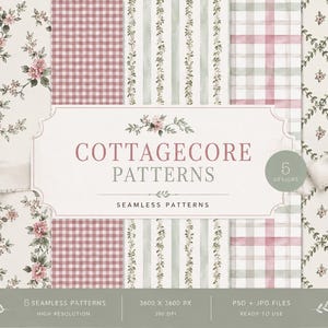 Puede incluir: Una colección digital de cinco patrones sin costuras con diseños florales, de cuadros vichy, rayas y tartán en tonos rosa, verde y crema apagados. La etiqueta central muestra el texto COTTAGECORE PATTERNS, 5 DESIGNS y SEAMLESS PATTERNS.