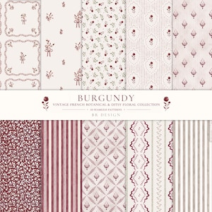 May include: A collection of ten seamless digital patterns featuring burgundy botanical and ditsy floral motifs on cream and white backgrounds. The text reads BURGUNDY VINTAGE FRENCH BOTANICAL & DITSY FLORAL COLLECTION 10 SEAMLESS PATTERNS BR DESIGN.