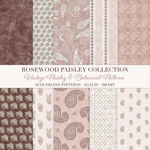 Op de afbeelding: Een digitale collectie van 10 naadloze patronen getiteld ROSEWOOD PAISLEY COLLECTION Vintage Paisley & Botanical Patterns 12x12 IN 300 DPI. De afbeelding toont diverse herhalende ontwerpen in tinten roze, bruin en crème.