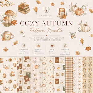 Könnte beinhalten: Ein digitales Papierset mit dem Titel COZY AUTUMN Pattern Bundle, das Aquarellillustrationen von Kürbissen, Pilzen, Büchern, Kerzen und Herbstblättern zeigt. Enthält 8 nahtlose Muster und 20 Clipart-Elemente im Format 30,48x30,48 cm.