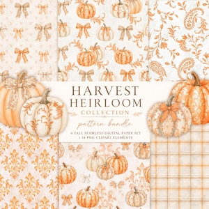 May include: A digital paper and clipart collection titled Harvest Heirloom Collection featuring orange and cream patterns of pumpkins, bows, paisley, and plaid. The set includes 6 seamless digital papers and 14 PNG elements for fall-themed projects.