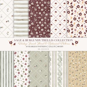 Sage & Burgundy Trellis Collection | 10 Seamless Floral Patterns | Vintage French Botanical Digital Paper | 12x12 in 300 DPI