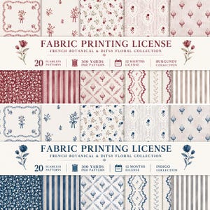Licence d'impression sur tissu | 20 motifs botaniques français | Bordeaux et indigo | Petits motifs floraux | 300 yards par motif | Licence textile d'un an
