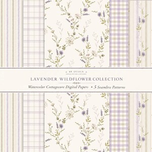 Pode incluir: Uma coleção de cinco papéis digitais com padrões de aguarela de lavanda e flores silvestres, um xadrez vichy roxo e branco, um design às riscas e um padrão de grelha. O texto diz BR DESIGN LAVENDER WILDFLOWER COLLECTION.