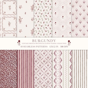 Burgundy French Botanical Seamless Patterns, Ditsy Floral Bundle ,Vintage Floral Fabric Print ,Digital Paper