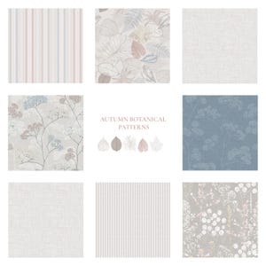 Pode incluir: Uma coleção de nove amostras de tecido com padrões botânicos de outono, listras e texturas sólidas em tons suaves de azul, rosa e cinza. O texto central diz AUTUMN BOTANICAL PATTERNS acima de cinco pequenos ícones de folhas em linha.