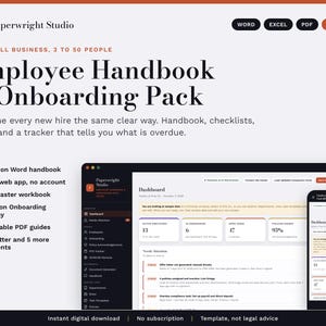 Könnte beinhalten: Ein digitales Mitarbeiterhandbuch- und Onboarding-Paket von Paperwright Studio mit Dashboard-Oberfläche auf Computerbildschirm und Smartphone. Enthält ein 12-teiliges Word-Handbuch, Excel-Arbeitsmappe, 30-Lektionen-Akademie und 16 PDF-Anleitungen.