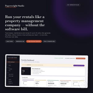 May include: A digital interface for Paperwright Studio Landlord Rental Manager software. The dark-themed landing page features white text, a portfolio dashboard screenshot, and navigation buttons for lease tracking and document generation.