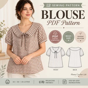 Patron de couture pour chemisier à carreaux vichy et col nœud papillon, haut à manches bouffantes (PDF), patron de chemise à col lavallière, style cottagecore, téléchargement instantané