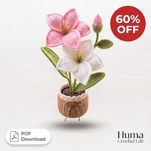 May include: A crochet lily plant featuring one pink flower, one white flower, and a small bud with green leaves in a brown pot with a decorative bow. The image includes a red circle with the text 60% OFF and a PDF Download button with Huma Crochet Lab text.