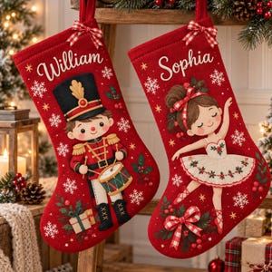 Calcetín navideño personalizado de Cascanueces y Bailarina, nombre bordado a medida, regalo para amantes del ballet 2026, calcetín vintage