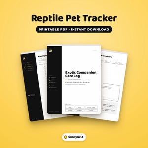 May include: A digital Reptile Pet Tracker printable PDF featuring an Exotic Companion Care Log with a black and white layout. The pages include sections for scales, schedules, feeding logs, and growth tracking for various reptiles and small pets.
