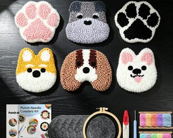 Kit de posavasos con aguja perforadora de huella de perro, juego de posavasos de tufting para principiantes, kit de manualidades DIY de posavasos de cachorro adorable, regalo para amantes de los perros, decoración de mesa de centro hecha a mano
