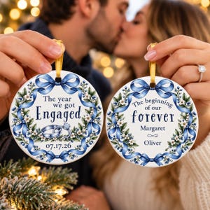 Personalized Engagement Ornament |First Christmas Engaged | Double Sided Ceramic Keepsake