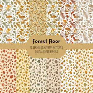 Può includere: Un pacchetto di carta digitale con 12 motivi autunnali senza cuciture, con illustrazioni di funghi, felci e foglie cadute in tonalità arancione, marrone, giallo e verde. Il testo Forest Floor 12 SEAMLESS AUTUMN PATTERNS DIGITAL PAPER BUNDLE è centrato.