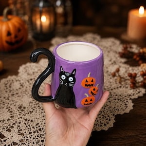 3D Ceramic Black Cat Mug, Handmade Purple Stoneware Teacup, Spooky Pumpkin Coffee Cup, Witchy Halloween Drinkware