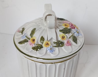 Cute Italian made lidded cannister white ribbed with floral accents dainty decoration use in bathroom for qtips