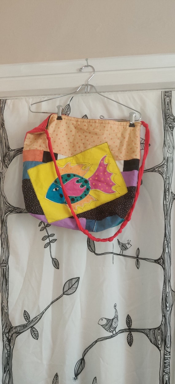 Bright unique homemade shoulder bag with fish and 