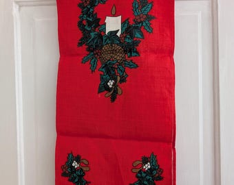 Cheery red Christmas linen table runner crisp