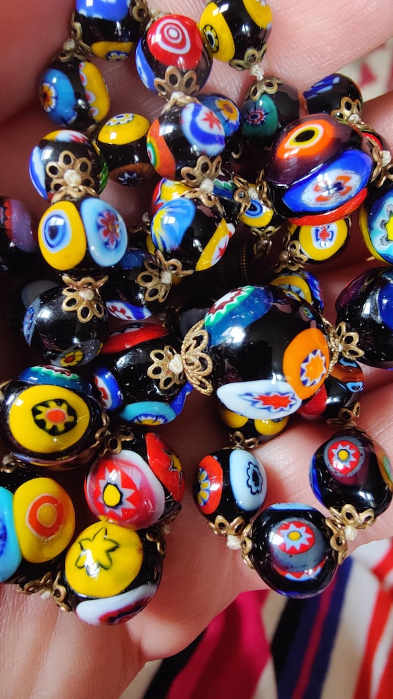 Hand Knotted Millefiori Glass Beaded Necklace, Murano Style