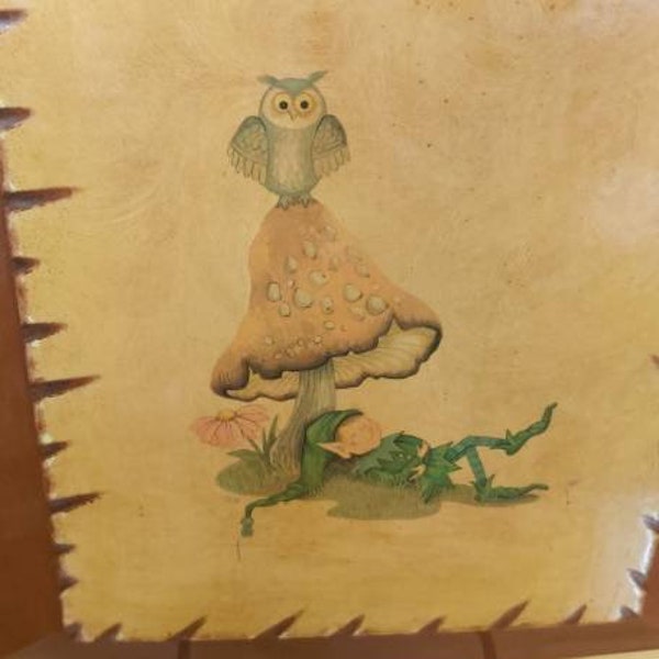 Lovely Kitschy retro Wall art Decoupage with mushrooms owl a PIxie all your favorite things in one