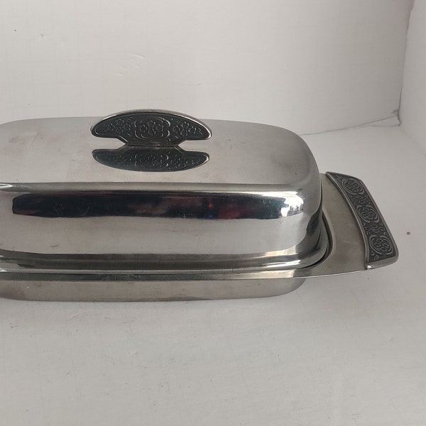 Stainless steel Japan mid century butter dish springtime pattern great shape